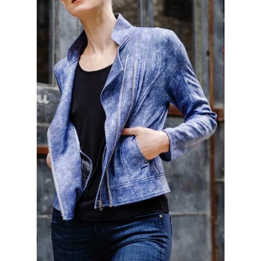 Clara Sun Woo Liquid Leather Moto Jacket Blue Acid Wash Denim Print Size L - Picture 3 of 9